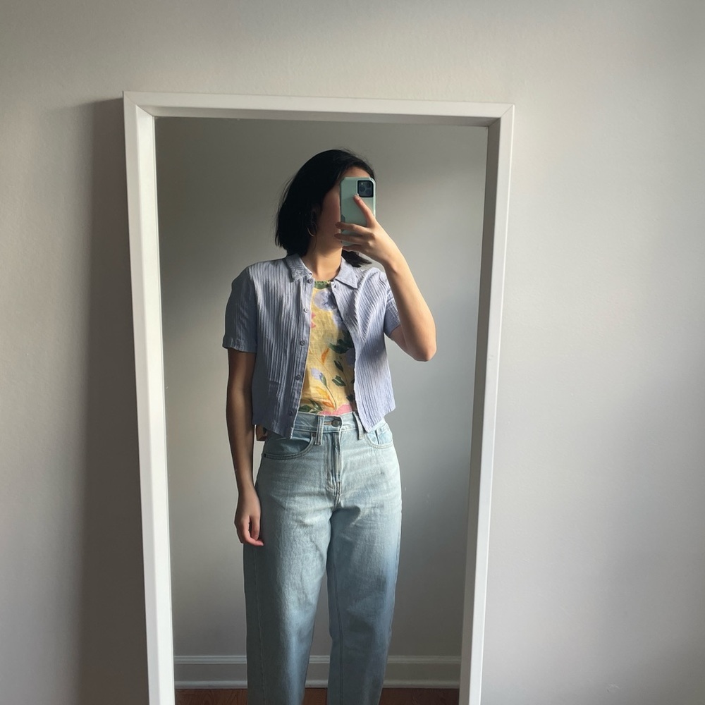 Vintage Eileen Fisher Petite Small Blue Short Sleeved Button Up